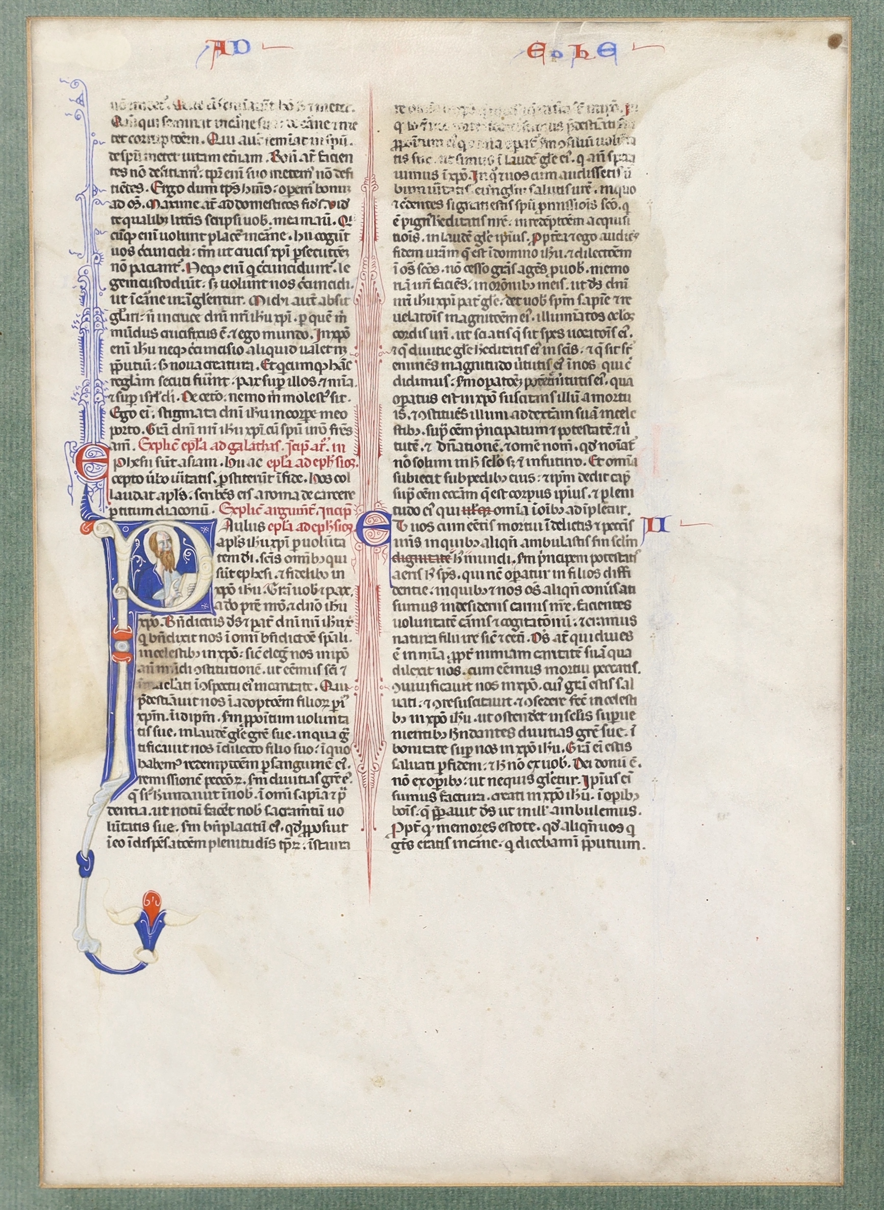 Two non-consecutive vellum leaves from an illuminated bible, containing elements of St Paul’s epistles to the Galatians, Ephesians, Thessalonians and to Timothy; perhaps English, second quarter of the 13th century, 296 x